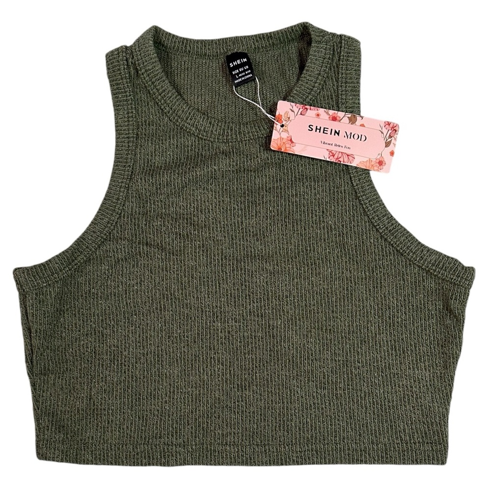 green ribbed mock neck tank